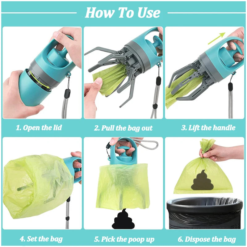 Dog Pooper Scooper with Bag Dispenser – 8-Claw Portable Pet Waste Picker