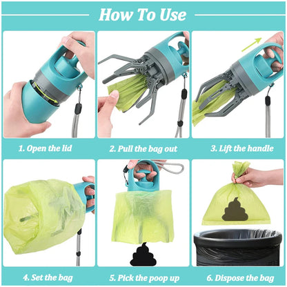 Dog Pooper Scooper with Bag Dispenser – 8-Claw Portable Pet Waste Picker