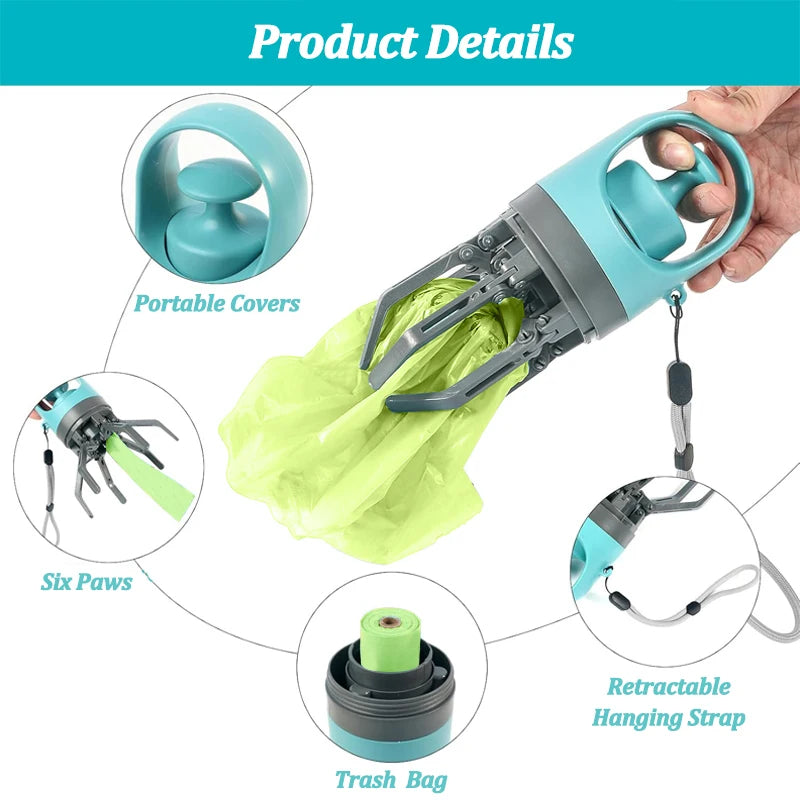 Dog Pooper Scooper with Bag Dispenser – 8-Claw Portable Pet Waste Picker